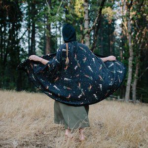 Hooded cape w/ unique "Protection Spell" reversible custom witch print